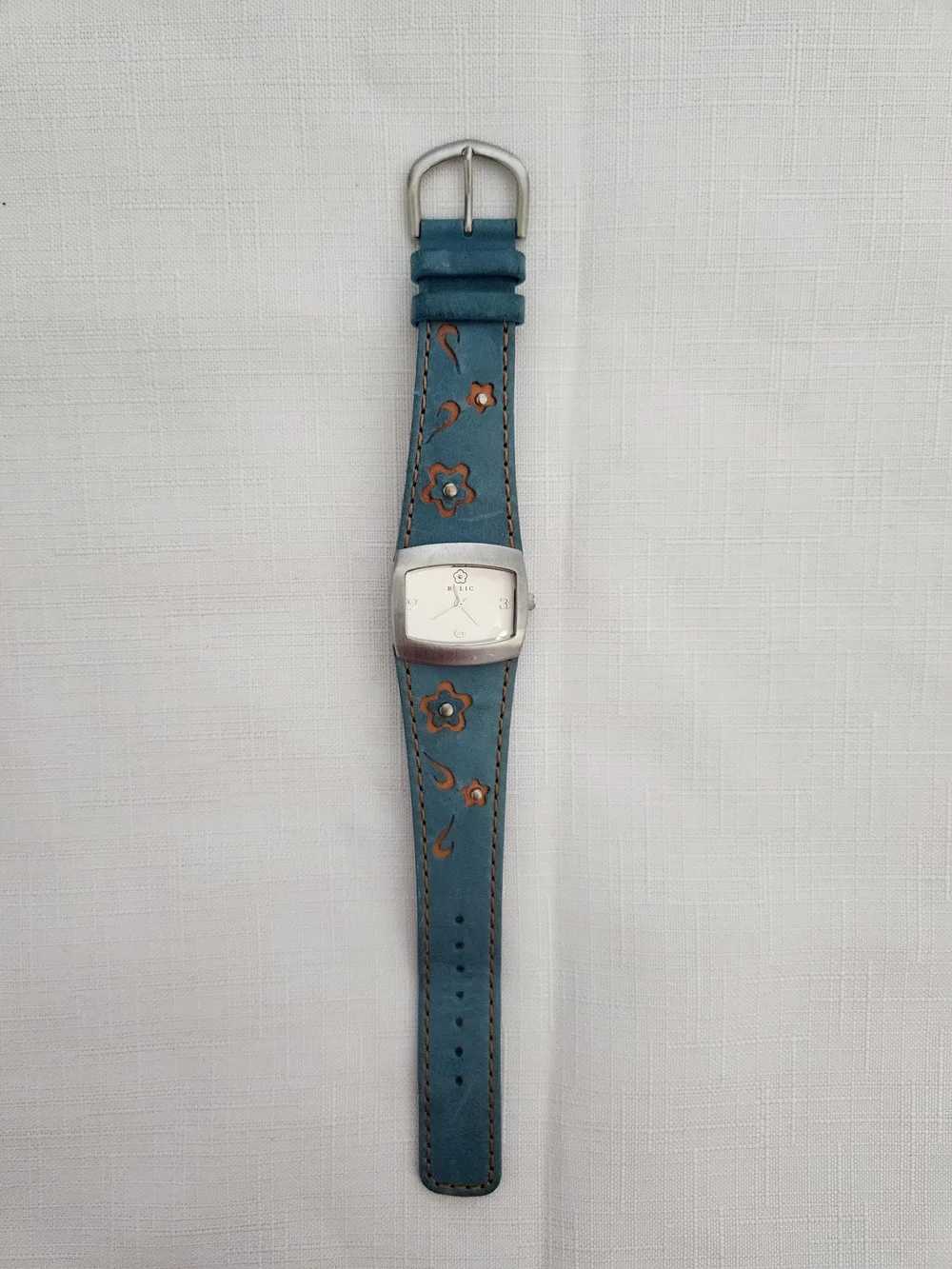 Relic Blue Floral Leather Strap Wristwatch